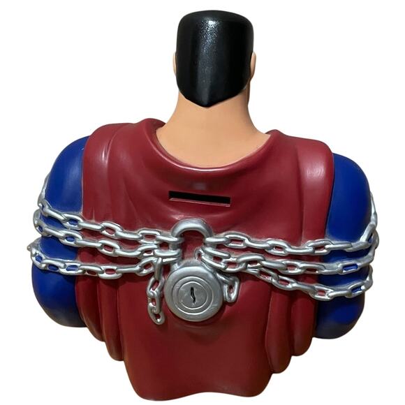 Vtg DC Comics Superman Animated Series Chains Warner Store Coin Bank Bust w/ Cap - Picture 3 of 6